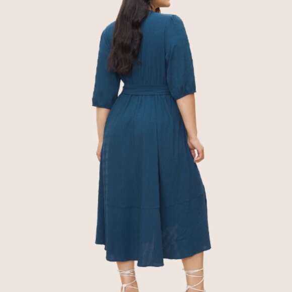 BloomChic Plus Size Plisse Overlap Collar Belted Pleated Detail Dress - Picture 2 of 7